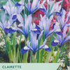 Iris reticulata flowers with 'Taylors' branding on a packaging background